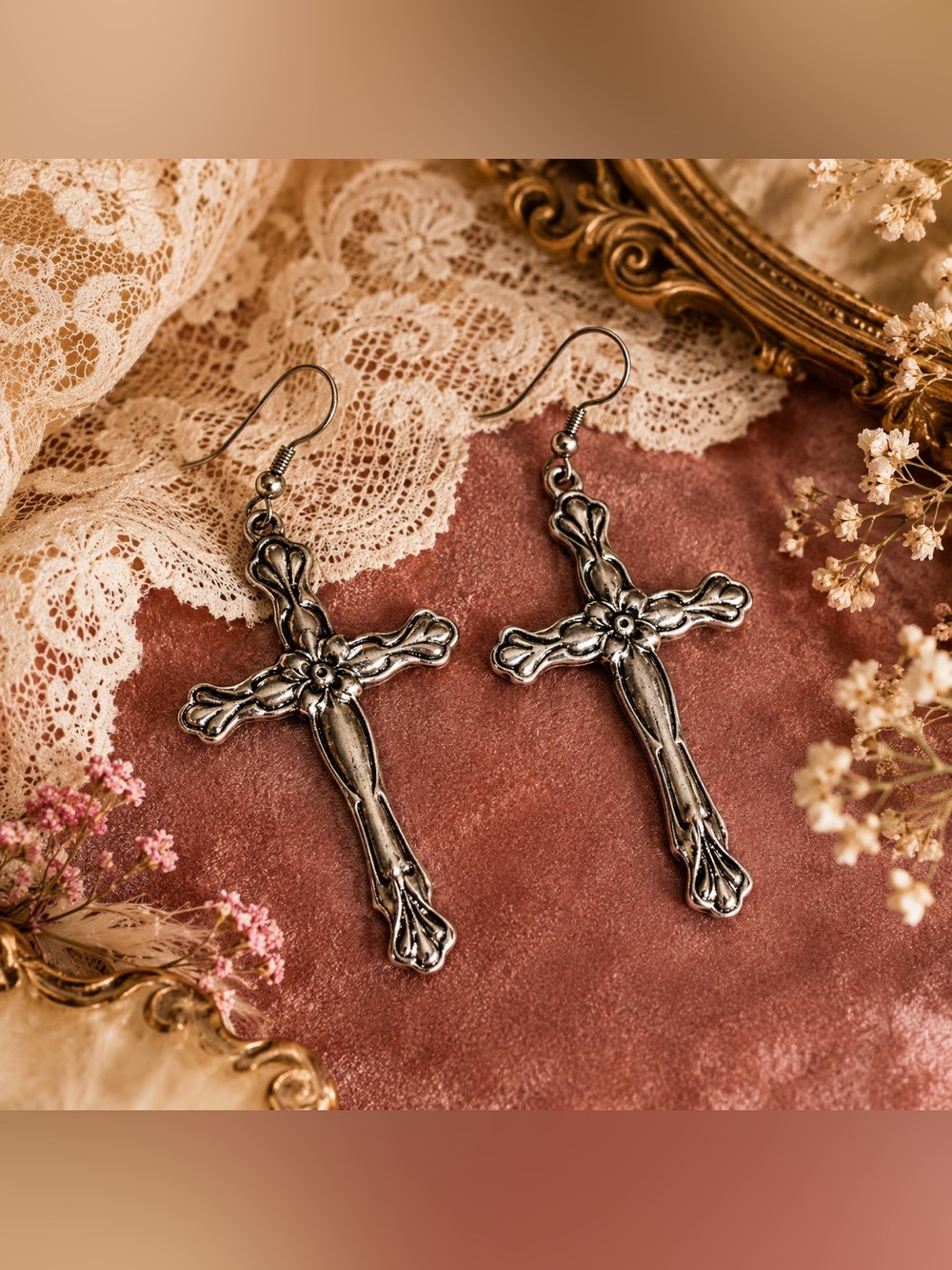 Estate Sourced Silver-Tone Cross Dangle Earrings Devotional Jewelry Gothic Style